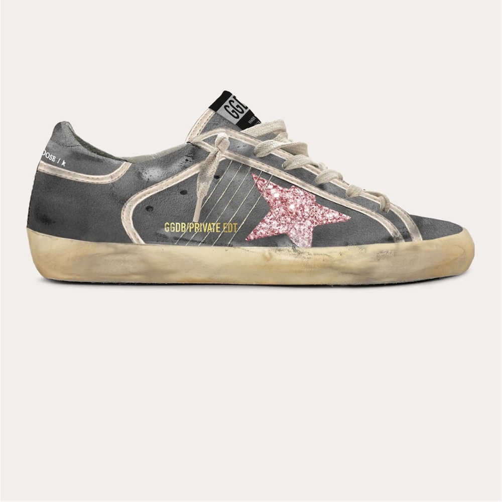 Golden Goose Superstar Sneaker, size 38.  Grey suede with pink glitter star